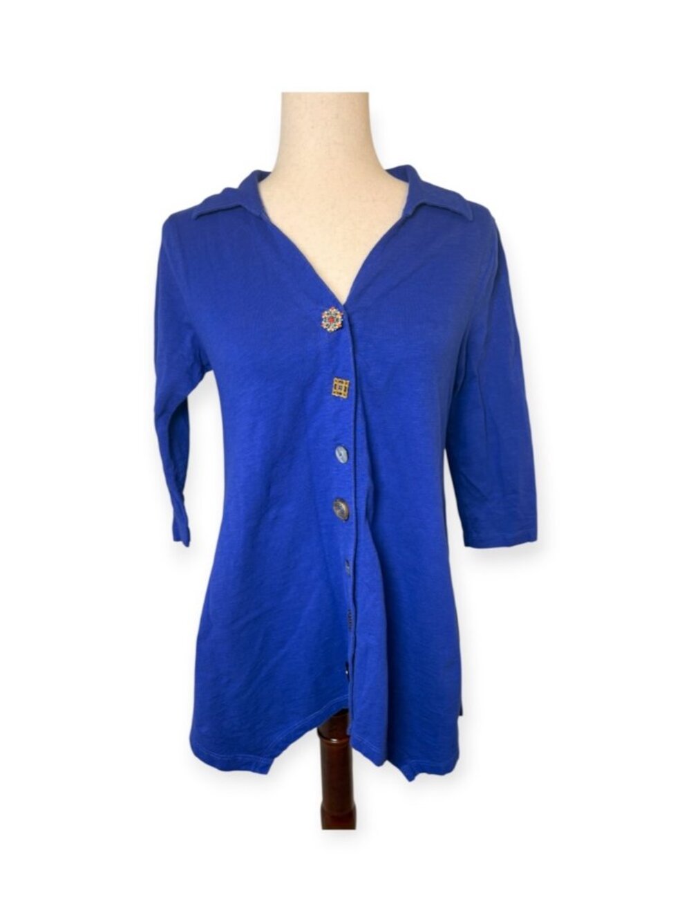 Soft Surroundings Blue Novelty Button 100% Cotton Tunic Top Extra Small